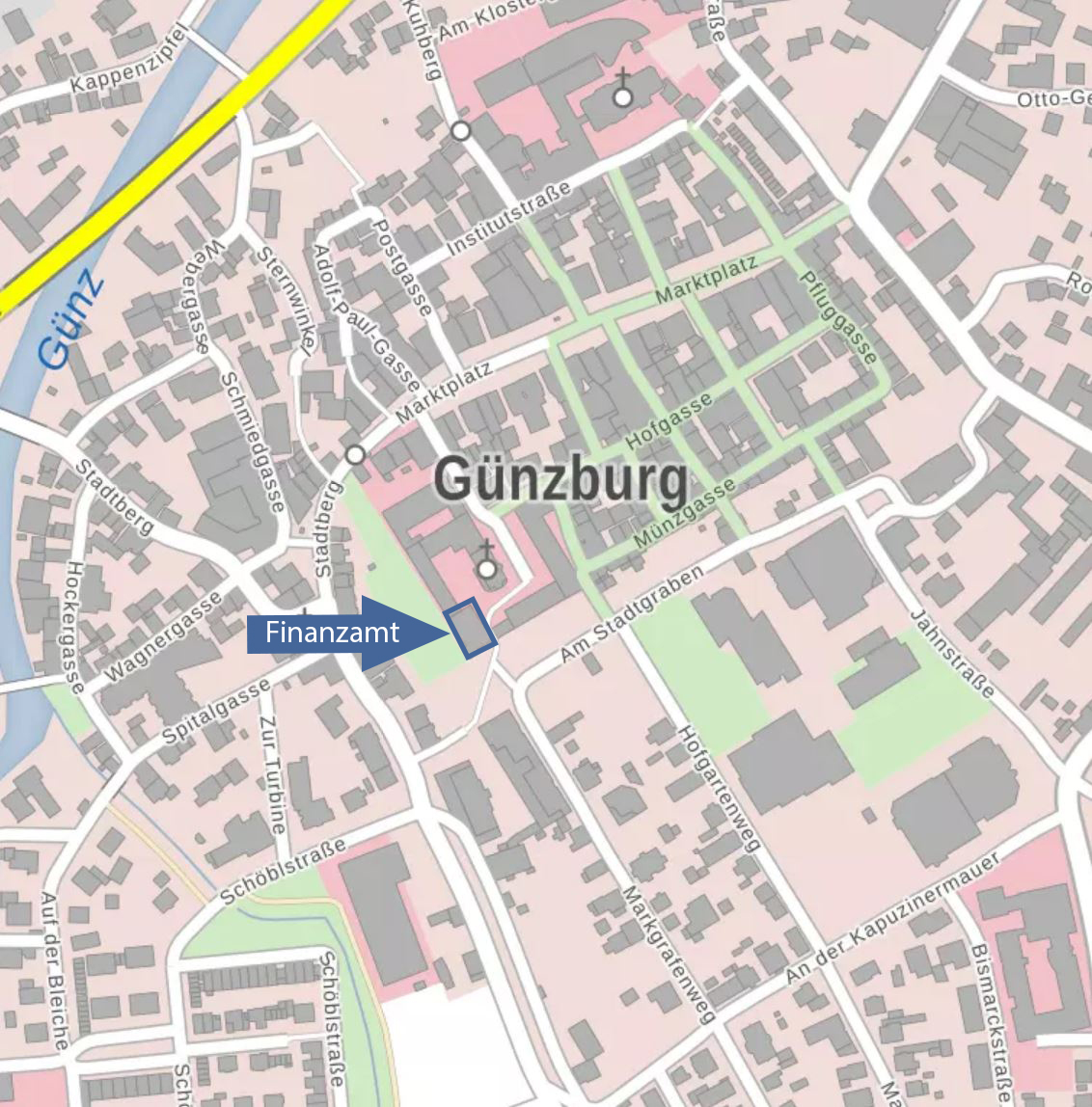  Stadtplan mit Markierung des Finanzamts Günzburg, Schloßplatz 3